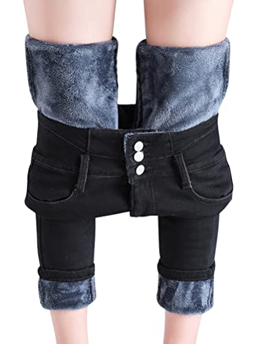 shownicer Damen Winter Jeans Fleece Gefüttert Thermohose Warm High Waist Thermojeans Dicke Skinny Jeans Slim Fit Denim Leggings Outdoor für Frauen B Schwarz XXL von shownicer