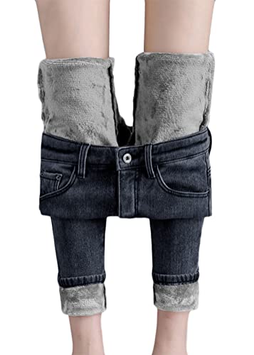 shownicer Damen Winter Jeans Fleece Gefüttert Thermohose Warm High Waist Thermojeans Dicke Skinny Jeans Slim Fit Denim Leggings Outdoor für Frauen C Dunkelblau XL von shownicer