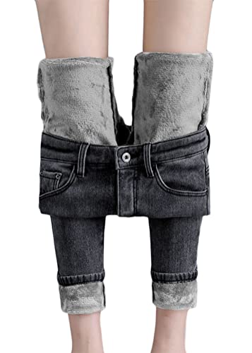 shownicer Damen Winter Jeans Fleece Gefüttert Thermohose Warm High Waist Thermojeans Dicke Skinny Jeans Slim Fit Denim Leggings Outdoor für Frauen C Grau M von shownicer