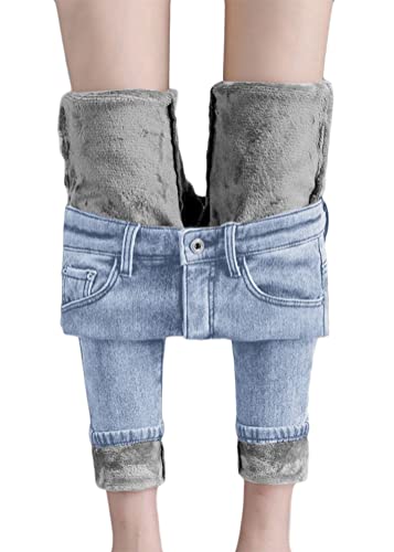 shownicer Damen Winter Jeans Fleece Gefüttert Thermohose Warm High Waist Thermojeans Dicke Skinny Jeans Slim Fit Denim Leggings Outdoor für Frauen C Hellblau L von shownicer