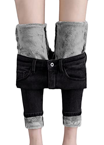 shownicer Damen Winter Jeans Fleece Gefüttert Thermohose Warm High Waist Thermojeans Dicke Skinny Jeans Slim Fit Denim Leggings Outdoor für Frauen C Schwarz XL von shownicer