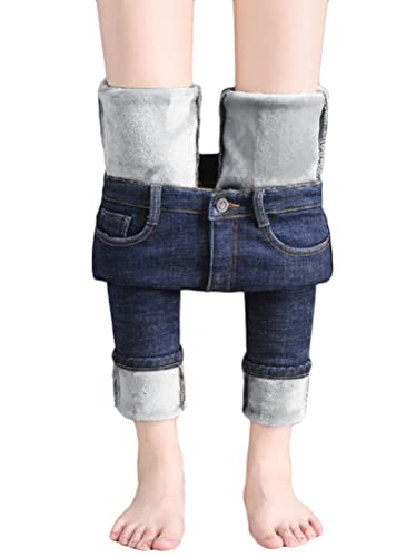 shownicer Damen Winter Jeans Fleece Gefütterte Denim Leggings Gefüttert Thermojeans Straight Hose Große Größen Dicke Warm Plüsch Jeggings A Grau (7/8 Länge) XS von shownicer