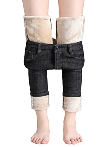 shownicer Damen Winter Jeans Fleece Gefütterte Denim Leggings Gefüttert Thermojeans Straight Hose Große Größen Dicke Warm Plüsch Jeggings B Khaki (7/8 Länge) L von shownicer