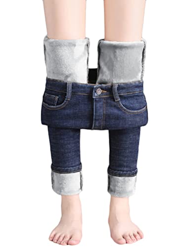 shownicer Damen Winter Jeans Fleece Gefütterte Denim Leggings Gefüttert Thermojeans Straight Hose Große Größen Dicke Warm Plüsch Jeggings C Grau (Voller Länge) XS von shownicer