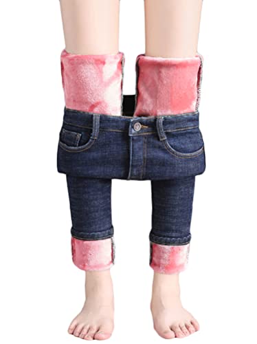 shownicer Damen Winter Jeans Fleece Gefütterte Denim Leggings Gefüttert Thermojeans Straight Hose Große Größen Dicke Warm Plüsch Jeggings C Rosa (Voller Länge) L von shownicer