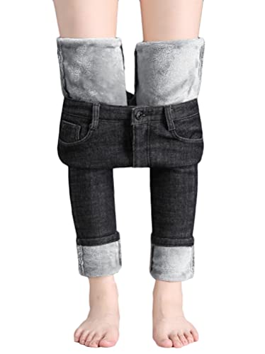 shownicer Damen Winter Jeans Fleece Gefütterte Denim Leggings Gefüttert Thermojeans Straight Hose Große Größen Dicke Warm Plüsch Jeggings D Grau (Voller Länge) L von shownicer