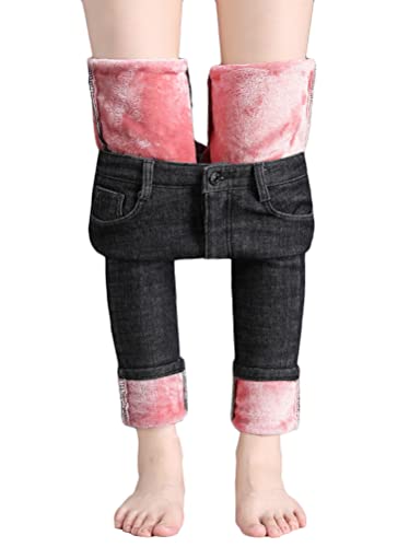 shownicer Damen Winter Jeans Fleece Gefütterte Denim Leggings Gefüttert Thermojeans Straight Hose Große Größen Dicke Warm Plüsch Jeggings D Rosa (Voller Länge) XXL von shownicer