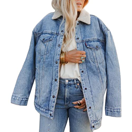 shownicer Damen Winter Jeansjacke Gefütterte Denim Jacket Mädchen Warme Plüsch Mantel Oversize Winterjacke Große Größen Parka Fleece Jacke Denimmantel Revers Oberbekleidung Hellblau 3XL von shownicer