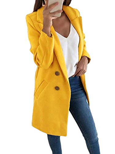 shownicer Damen Winter Mantel Blazer Elegant Warm Wintermantel Steppmantel Knopf Klassische Vintage Zweireihig Revers Slim Fit Trenchcoat mit Taschen Übergangsjacke Gelb XL von shownicer