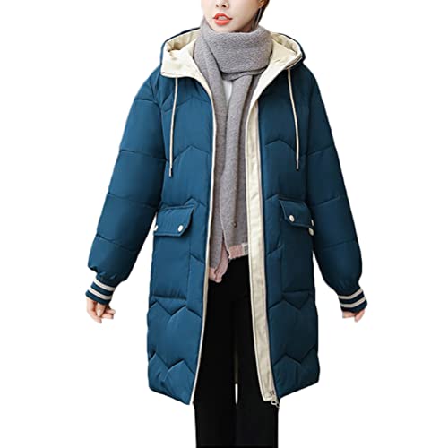 shownicer Damen Winter Parka Lang Warm Steppmantel Daunenjacke mit Kapuze Loose Fit Reißverschluss Damenmantel Steppjacke Outdoor Leichte Wintermantel Softshelljacke mit Taschen Blau L von shownicer