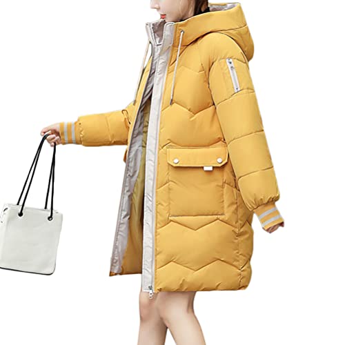 shownicer Damen Winter Parka Lang Warm Steppmantel Daunenjacke mit Kapuze Loose Fit Reißverschluss Damenmantel Steppjacke Outdoor Leichte Wintermantel Softshelljacke mit Taschen Gelb M von shownicer