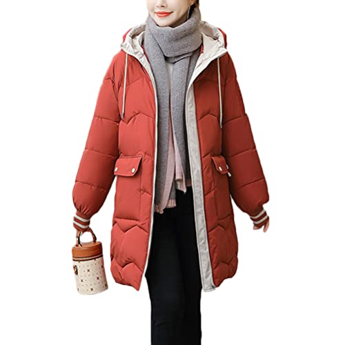 shownicer Damen Winter Parka Lang Warm Steppmantel Daunenjacke mit Kapuze Loose Fit Reißverschluss Damenmantel Steppjacke Outdoor Leichte Wintermantel Softshelljacke mit Taschen Rot XXL von shownicer