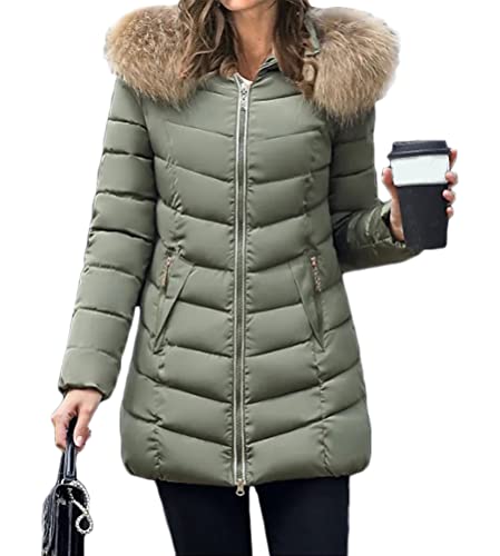 shownicer Damen Winter Parka Lang Warm Steppmantel Daunenjacke mit Kunstfell Kapuze Slim Fit Reißverschluss Damenmantel Steppjacke Outdoor Leichte Daunenjacke Softshelljacke mit Taschen Armeegrün L von shownicer