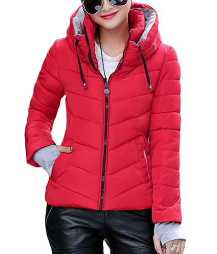 shownicer Damen Winterjacke Wintermantel Kurz Daunenjacke Warm Jacke Outwear Frauen Winter Dicker Daunenmantel Slim Fit Reißverschluss Steppmantel Parka mit Kapuze A Rot M von shownicer