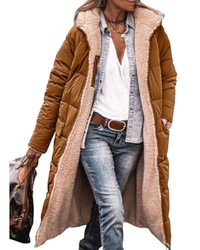 shownicer Damen Wintermäntel Warm Reversibel Sherpa Fleece Gefütterter Lang Pufferjacken mit Kapuze Frauen Oberbekleidung Outdoorjacke Steppjacke Steppmantel Parka A Braun 3XL von shownicer