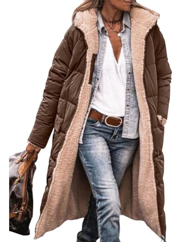 shownicer Damen Wintermäntel Warm Reversibel Sherpa Fleece Gefütterter Lang Pufferjacken mit Kapuze Frauen Oberbekleidung Outdoorjacke Steppjacke Steppmantel Parka A Kaffee 3XL von shownicer