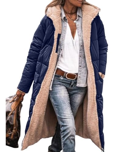 shownicer Damen Wintermäntel Warm Reversibel Sherpa Fleece Gefütterter Lang Pufferjacken mit Kapuze Frauen Oberbekleidung Outdoorjacke Steppjacke Steppmantel Parka A Marine M von shownicer