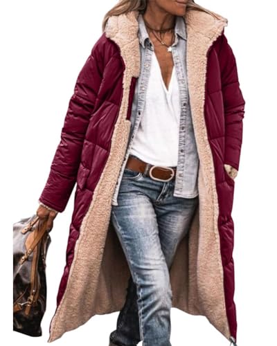 shownicer Damen Wintermäntel Warm Reversibel Sherpa Fleece Gefütterter Lang Pufferjacken mit Kapuze Frauen Oberbekleidung Outdoorjacke Steppjacke Steppmantel Parka A Rot M von shownicer