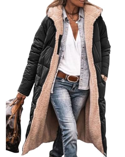 shownicer Damen Wintermäntel Warm Reversibel Sherpa Fleece Gefütterter Lang Pufferjacken mit Kapuze Frauen Oberbekleidung Outdoorjacke Steppjacke Steppmantel Parka A Schwarz XS von shownicer