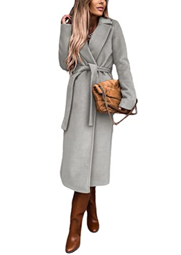 shownicer Damen Wollmantel Trenchcoat Dünner Mantel Trench Lange Jacke Schlanker Langer Gürtel Elegante Overcoat utwear Filz Mantel Damenmantel Wollmantel Windjacke A Hellgrau S von shownicer