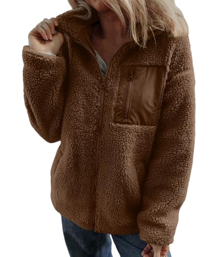 shownicer Damen Wollmantel Warm Wintermantel Fleece Windjacke Langarm Damenmantel mit Reißverschluss Freizeit Mantel Jacke Overcoat Herbst Winter Outerwear A Braun S von shownicer