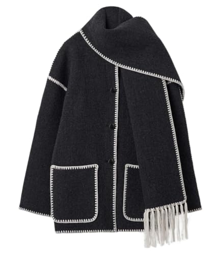 shownicer Damen Wollmantel mit Halstuch Elegant Chic Windjacke Warm Wintermantel Langarm Freizeit Mantel Jacke Parka Overcoat Herbst Winter A Schwarz Weiß S von shownicer