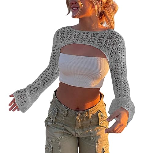 shownicer Damen Y2K Crochet Pullover Langarm Crop Tops Aushöhlen Cover Up Einfarbig 90er Streetwear Gothic Punk Strickoberteil Zerrissene Strickpullover Lose Oberteile A Grau M von shownicer