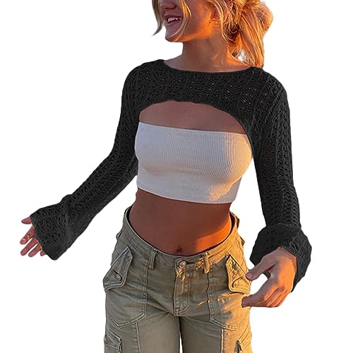 shownicer Damen Y2K Crochet Pullover Langarm Crop Tops Aushöhlen Cover Up Einfarbig 90er Streetwear Gothic Punk Strickoberteil Zerrissene Strickpullover Lose Oberteile A Schwarz S von shownicer