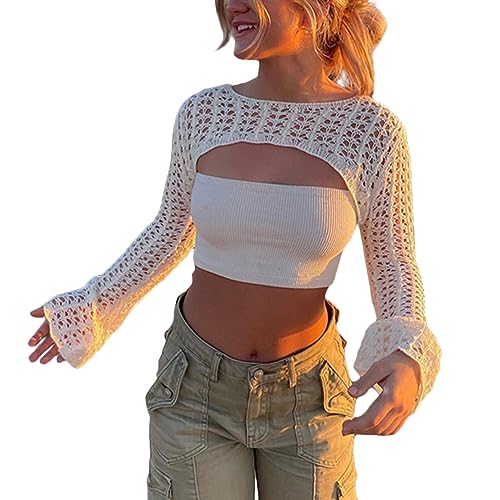 shownicer Damen Y2K Crochet Pullover Langarm Crop Tops Aushöhlen Cover Up Einfarbig 90er Streetwear Gothic Punk Strickoberteil Zerrissene Strickpullover Lose Oberteile A Weiß L von shownicer