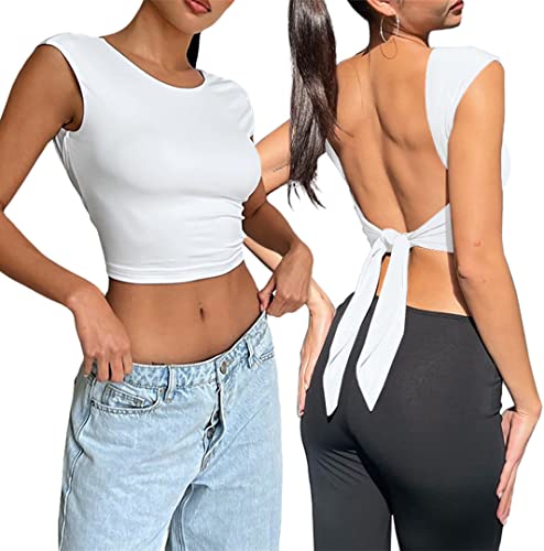 shownicer Damen Y2K Sexy Backless Top Shirt Rückenfreies Oberteil Ärmellos Crop Top Sexy Bauchfrei Sommer Fashion Tops Cut Out Vintage Clothes T-Shirt Streetwear A Weiß S von shownicer