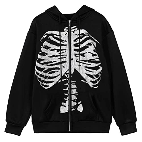 shownicer Damen Y2K Zip Up Hoodie Jacke Langarm Vintage Kapuzenpullover Übergroße Sweatshirt Streetwear Skeleton Print E-Girl Pullover Hoodie A Style06 L von shownicer