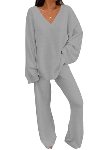 shownicer Damen Zweiteiler 2 Teiler Set Zweiteiler Outfit Set Freizeitanzug Plüsch Pullover + Freizeithose Loungewear Set Casual Hausanzug A Grau L von shownicer