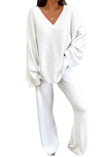 shownicer Damen Zweiteiler 2 Teiler Set Zweiteiler Outfit Set Freizeitanzug Plüsch Pullover + Freizeithose Loungewear Set Casual Hausanzug A Weiß M von shownicer