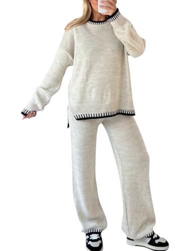 shownicer Damen Zweiteiler 2 Teiler Set Zweiteiler Outfit Set Freizeitanzug Strickpullover + Freizeithose Loungewear Set Casual Strickanzug Herbst Winter A Beige M von shownicer