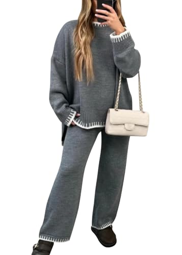 shownicer Damen Zweiteiler 2 Teiler Set Zweiteiler Outfit Set Freizeitanzug Strickpullover + Freizeithose Loungewear Set Casual Strickanzug Herbst Winter A Grau M von shownicer