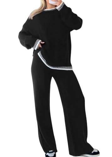 shownicer Damen Zweiteiler 2 Teiler Set Zweiteiler Outfit Set Freizeitanzug Strickpullover + Freizeithose Loungewear Set Casual Strickanzug Herbst Winter A1 Schwarz S von shownicer