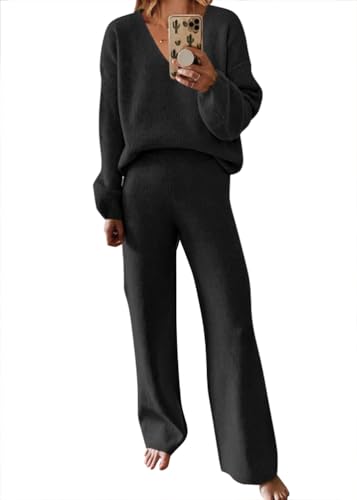 Shownicer Damen Zweiteiler Outfit Freizeitanzug Strickpullover + Freizeithose Loungewear Casual Strickanzug Herbst Winter C Schwarz XS von shownicer