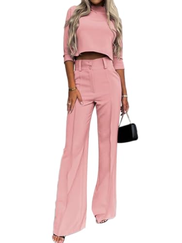 shownicer Damen Zweiteiler Farbblock Set Elegant Hosenanzug Langarm Top+ Weites Bein Hose Sommer Herbst Outfit Casual Loungewear Streetwear A Rosa M von shownicer