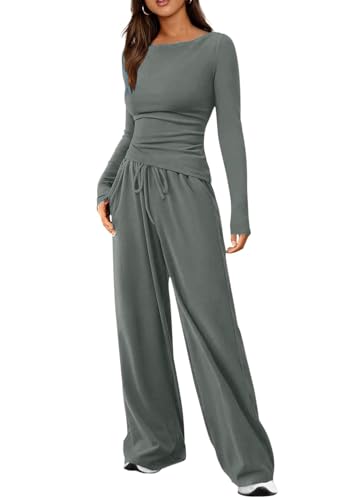 shownicer Damen Zweiteiler Freizeitanzug 2 Teiler Set Langarm Top Und Hose Loungewear Set Slim Fit Zweiteiler Outfit Casual Jogginganzug A Dunkelgrau L von shownicer