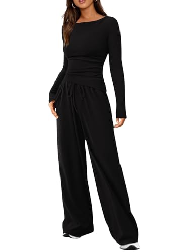 shownicer Damen Zweiteiler Freizeitanzug 2 Teiler Set Langarm Top Und Hose Loungewear Set Slim Fit Zweiteiler Outfit Casual Jogginganzug A Schwarz XS von shownicer
