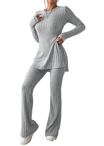 shownicer Damen Zweiteiler Hosenanzug 2 Teiler Set Strickanzug Langarm Gerippt Top Und Hose Loungewear Set Mit Schlitz Zweiteiler Outfit Freizeitanzug Casual Jogginganzug A Grau S von shownicer