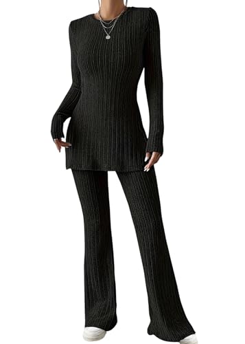 shownicer Damen Zweiteiler Hosenanzug 2 Teiler Set Strickanzug Langarm Gerippt Top Und Hose Loungewear Set Mit Schlitz Zweiteiler Outfit Freizeitanzug Casual Jogginganzug A Schwarz XS shownicer Damen Zweiteiler Hosenanzug 2 Teiler Set Strickanzug Langarm Gerippt Top Und Hose Loungewear Set Mit Schlitz Zweiteiler Outfit Freizeitanzug Casual Jogginganzug A Schwarz XS von shownicer
