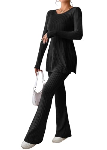 shownicer Damen Zweiteiler Hosenanzug 2 Teiler Set Strickanzug Langarm Gerippt Top Und Hose Loungewear Set Zweiteiler Outfit Freizeitanzug Casual Jogginganzug A Schwarz M von shownicer