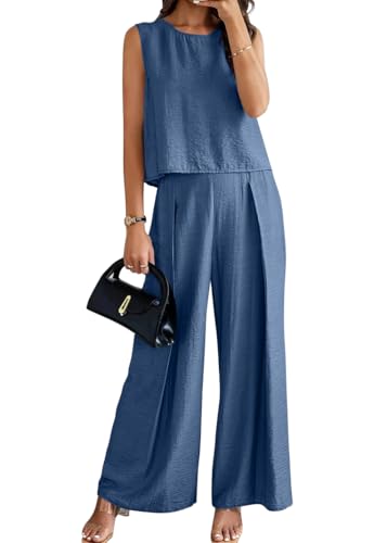 shownicer Damen Zweiteiler Hosenanzug Sommer Freizeitanzug Casual Einfarbig Outfit Hausanzug Tank Top und Hose 2 Teiler Set Loungewear A Blau M von shownicer