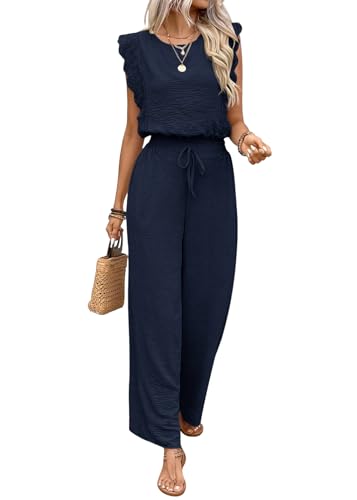 shownicer Damen Zweiteiler Hosenanzug Sommer Freizeitanzug Outfit Elegant Einfarbig Hausanzug Tank Top und Hose 2 Teiler Set Loungewear A Dunkelblau XL von shownicer