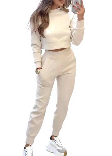 shownicer Damen Zweiteiler Jogginganzug 2 Teiler Set Freizeitanzug Crop Sweatshirt und Hose Trainingsanzug Sportanzug Set Casual Outfit Loungewear Set Damenanzug A Aprikose XS von shownicer
