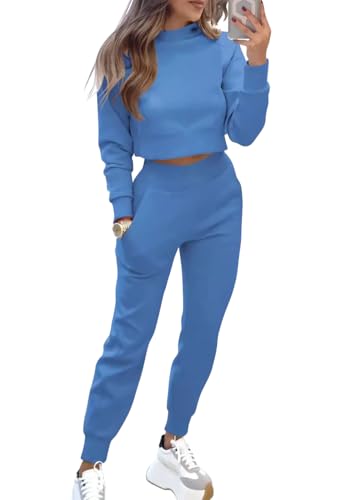 shownicer Damen Zweiteiler Jogginganzug 2 Teiler Set Freizeitanzug Crop Sweatshirt und Hose Trainingsanzug Sportanzug Set Casual Outfit Loungewear Set Damenanzug A Blau M von shownicer