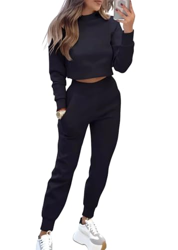 shownicer Damen Zweiteiler Jogginganzug 2 Teiler Set Freizeitanzug Crop Sweatshirt und Hose Trainingsanzug Sportanzug Set Casual Outfit Loungewear Set Damenanzug A Schwarz M von shownicer
