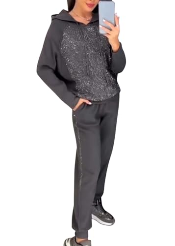shownicer Damen Zweiteiler Outfit 2 Teilig Freizeitanzug Pailletten Sweatshirt und Lange Hose Jogginganzug Casual Trainingsanzug Sportanzug Herbst Winter Damenanzug Sportswear B Dunkelgrau L von shownicer