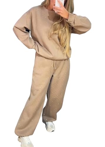 shownicer Damen Zweiteiler Outfit 2 Teilig Freizeitanzug Pailletten Sweatshirt und Lange Hose Jogginganzug Casual Trainingsanzug Sportanzug Herbst Winter Sportswear Damenanzug A Khaki M von shownicer
